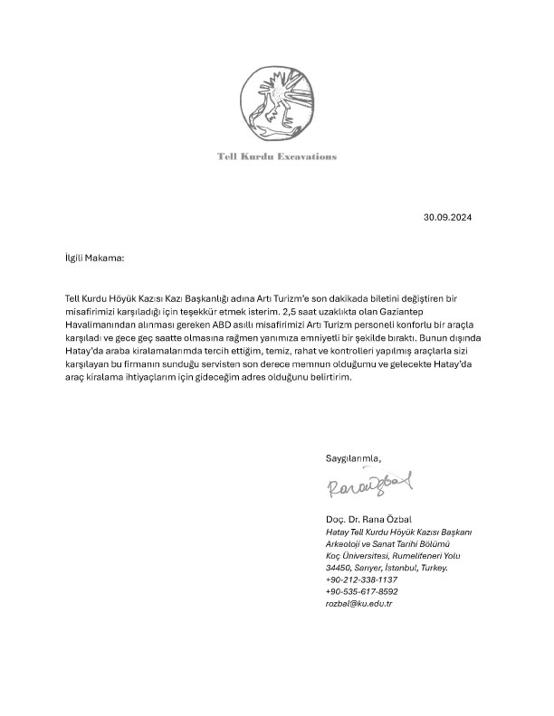 Koç Üniversitesi Teşekkür Mektubu