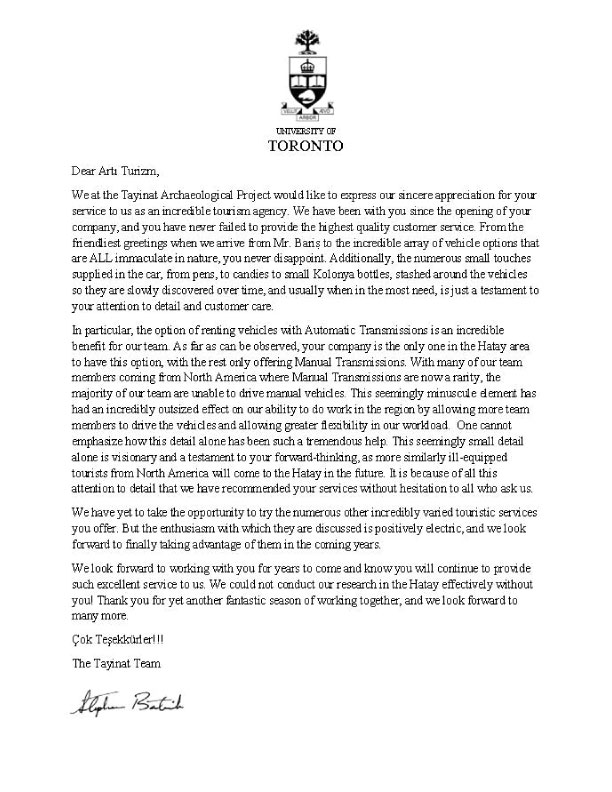 Toronto Üniversitesi Teşekkür Mektubu