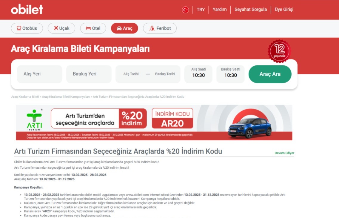 Obilet kullanıcılarına özel %20 İndirim Fırsatı